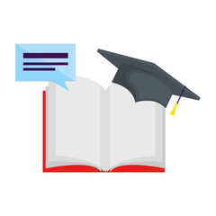 text book with speech bubble and hat graduation