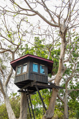 The dark brown tree house built on a tree is a relaxing place with nature.