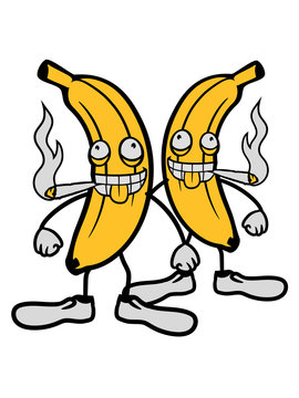 2 freunde team paar duo rauchen hanf weed stoned joint kiffen drogen kiffer banane obst verr&uuml;ckt grimasse mund zunge rausstrecken lustig comic cartoon clipart design &auml;rgern witzig