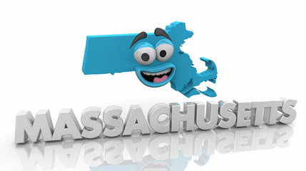 Massachusetts MA State Map Cartoon Face Word 3d Illustration