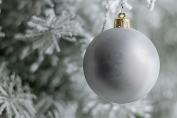 Christmas ornament hanging on a tree with snow