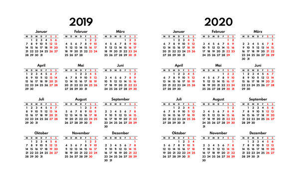 simple 2019 2020 german calendar grid, starts monday, two weekend