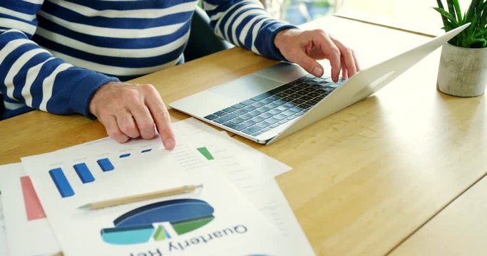 Businessman Analysing Financial Data And Typing On Laptop