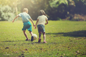 Group of happy children playing with soccer ball on meadow, together concept.