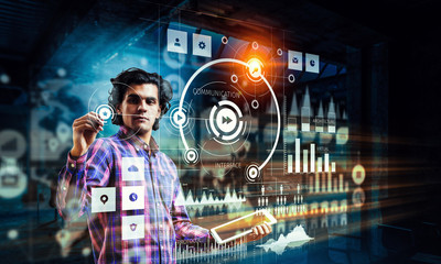 Man using media interface. Mixed media