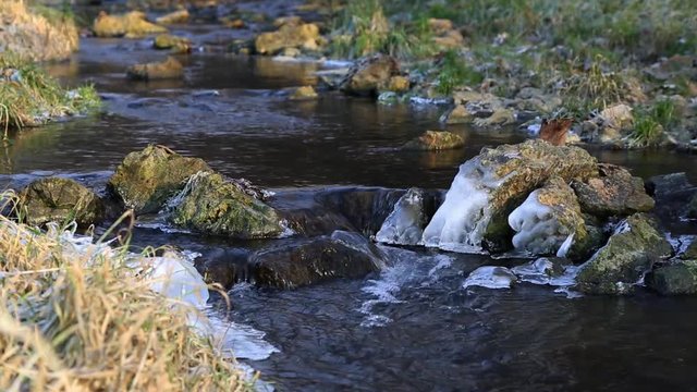 Beautiful photo of water flowing down a rocky, icy creek with audio on a cold clear winter day.