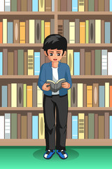 Student Boy Reading in the Library Illustration