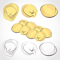 Dumplings, pelmeni. Sketch. Food. Set.