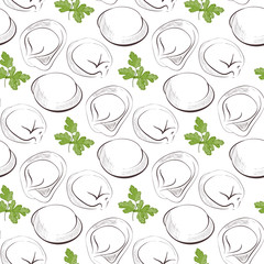Dumplings and parsley. Wallpaper, texture.Seamless. It can be used for tissue and packaging. Without gradients.