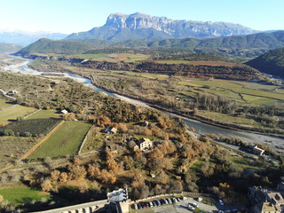 Aerial view of Ainsa. Medieval village of Huesca, Spain. Drone Photo