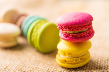 French colorful macarons background close up vintage tone