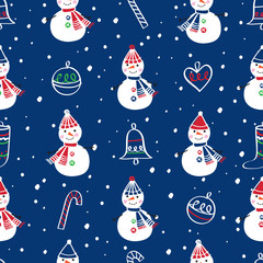 Fototapeta na wymiar Winter Christmas seamless pattern with cute snowmen for gift wrap, textile, wallpapers and scrapbook. Happy New Year 2019. Doodles, sketch for your design. Vector.