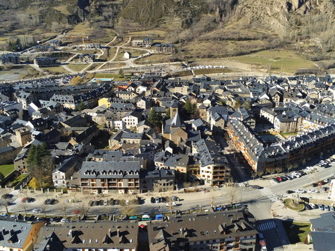 Aerial view of Benasque. Huesca, Spain. Drone Photo