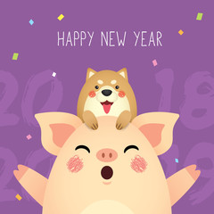 Happy New Year 2019 greeting card. Good bye 2018. Cute cartoon pig and dog on purple background. Year of the pig vector illustration. 