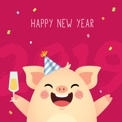 Happy New Year 2019 greeting card. Cute cartoon pig with champagne on red background. Year of the pig vector illustration. 