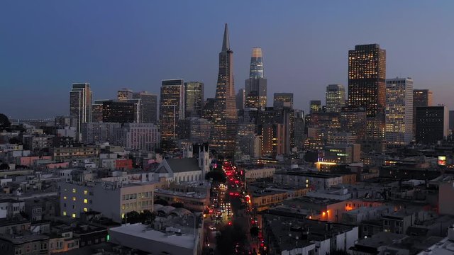 4K Clip of the Beautiful San Francisco Skyline during blue hour facing down Columbus Street towards the Transamerica Pyramid