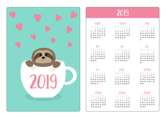 Sloth sitting in red coffee tea cup. Pink hearts. Simple pocket calendar layout 2019 new year. Week starts Sunday. Cute cartoon character. Vertical orientation. Flat design. Blue background.