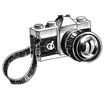 Retro camera on white background. Ink black and white drawing Stock  Illustration | Adobe Stock