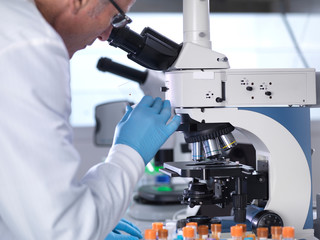 Side view of scientist analyzing blood samples through microscope in laboratory