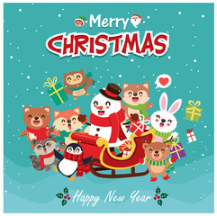 Vintage Christmas poster design with vector snowman, reindeer, penguin, Santa Claus, elf, bear, raccoon, fox, rabbit, owl, squirrel characters.