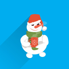 snowman wear red hat hold wrapped gift box present stack merry christmas happy new year holiday concept flat