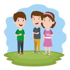 cute boys and girl children with clothes in the landscape