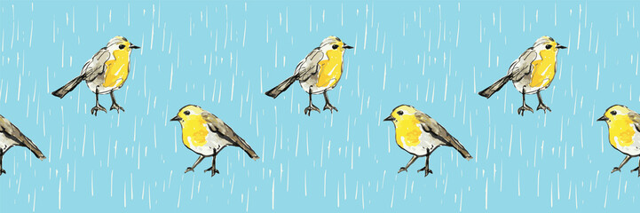 Cute hand-drawn yellow birds standing in the rain on a bright aqua background. Seamless vector border that is great for textiles, tea towel designs, stationery and paper, washi tape and ribbon.