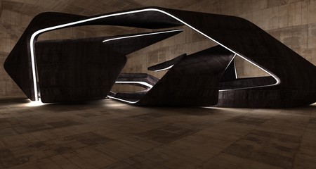 Empty dark abstract brown concrete room smooth interior. Architectural background. Night view of the illuminated. 3D illustration and rendering