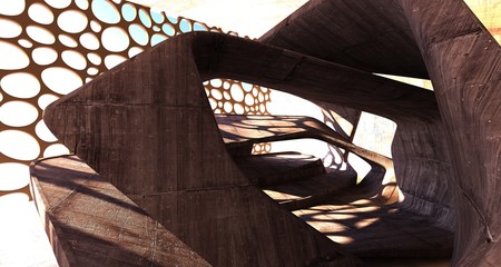 Empty dark abstract brown concrete room smooth interior. Architectural background. Night view of the illuminated. 3D illustration and rendering