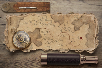 Old torn treasure map with compass and spyglass. Adventure and travel concept. 3d illustration.