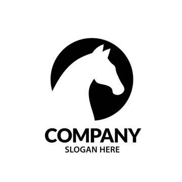 Stylized white Horse Head in Circle for Mascot Logo Template