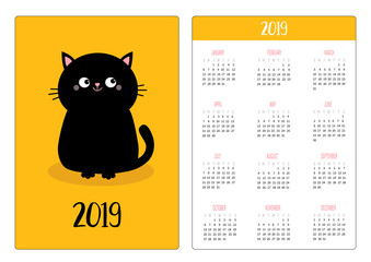 Pocket calendar 2019 year. Week starts Sunday. Black cat sitting icon. Cute funny cartoon character. Kawaii animal. Kitty kitten Baby pet collection. Yellow background. Flat design.