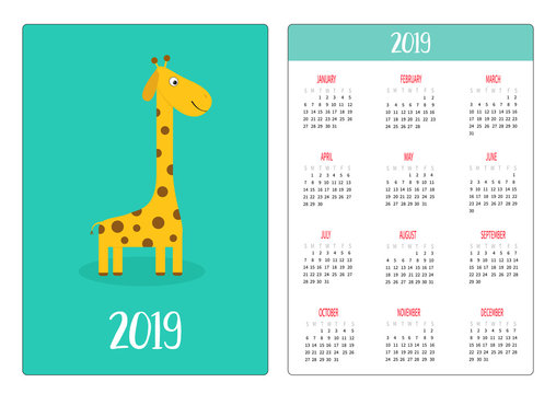 Cute giraffe animal. Simple pocket calendar layout 2019 new year. Week starts Sunday. Vertical orientation. Cartoon kawaii funny baby character. Flat design. Blue background.