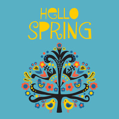 Hello Spring Scandinavian folk art vector illustration. Flat style isolated lettering. Papercut collage tree with flowers and birds black red pink yellow blue. Card, web banner, instagram post, kids.