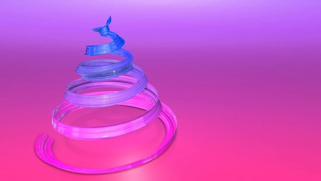 A shiny festive ribbon forms a Christmas tree symbol that rotates. 3d render of Christmas bright juicy composition. Seamless looped animation. blue red gradient ribbon and gradient background. wide 1