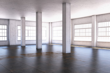 The interior of a large room with columns. 3D illustration.