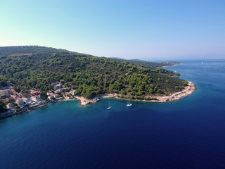 Fototapeta na wymiar Panoramic Aerial bird view of famous fisherman village island Solta south of Split in sunny summer day, Croatia.