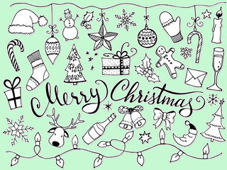 Doodle Christmas Set. Cute hand drawn design elements for you. Merry Christmas and New Year symbols, lettering. Vector illustration