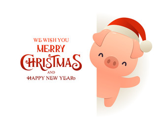 Cute pig in Santa hat stands behind signboard advertisement banner with text Merry Christmas and Happy New Year