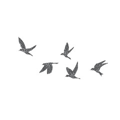 Silhouette of city flying birds on white background. Inspirational body flash tattoo ink. Set of textured stipple grey birds fly swallows, hand made. Vector.