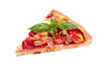 Slice of fresh pizza with pepperoni isolated on white background