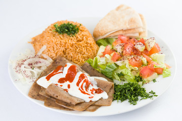 Beef Shawerma with rice and salad in Mediterranean Levantine  Cuisine