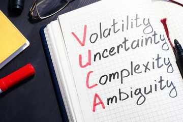 VUCA volatility, uncertainty, complexity, ambiguity written in a note. - obrazy, fototapety, plakaty