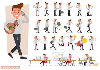 set of Businessman working and showing different gestures character vector design.