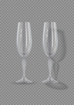 Realistic empty glasses of champagne.  Glasses of wine isolated on transparent background. Vector illustration.