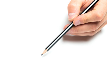 Men's hand holding wooden pencil on isolated backgroung, close up