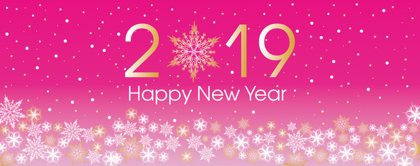 2019 Happy New Year card template. Design patern snowflakes with gold and pink color. Snowflake vector icon background set plastic pink color. Trend 2019. 