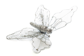 Christmas decoration  silver butterfly on a white background