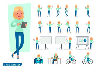 Set of office woman worker character vector design. Presentation in various action with emotions, running, standing, walking and working. no7