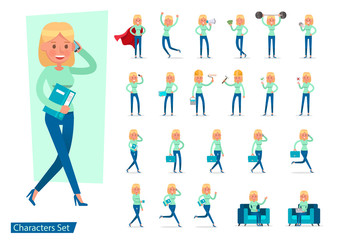 Set of office woman worker character vector design. Presentation in various action with emotions, running, standing, walking and working. no8